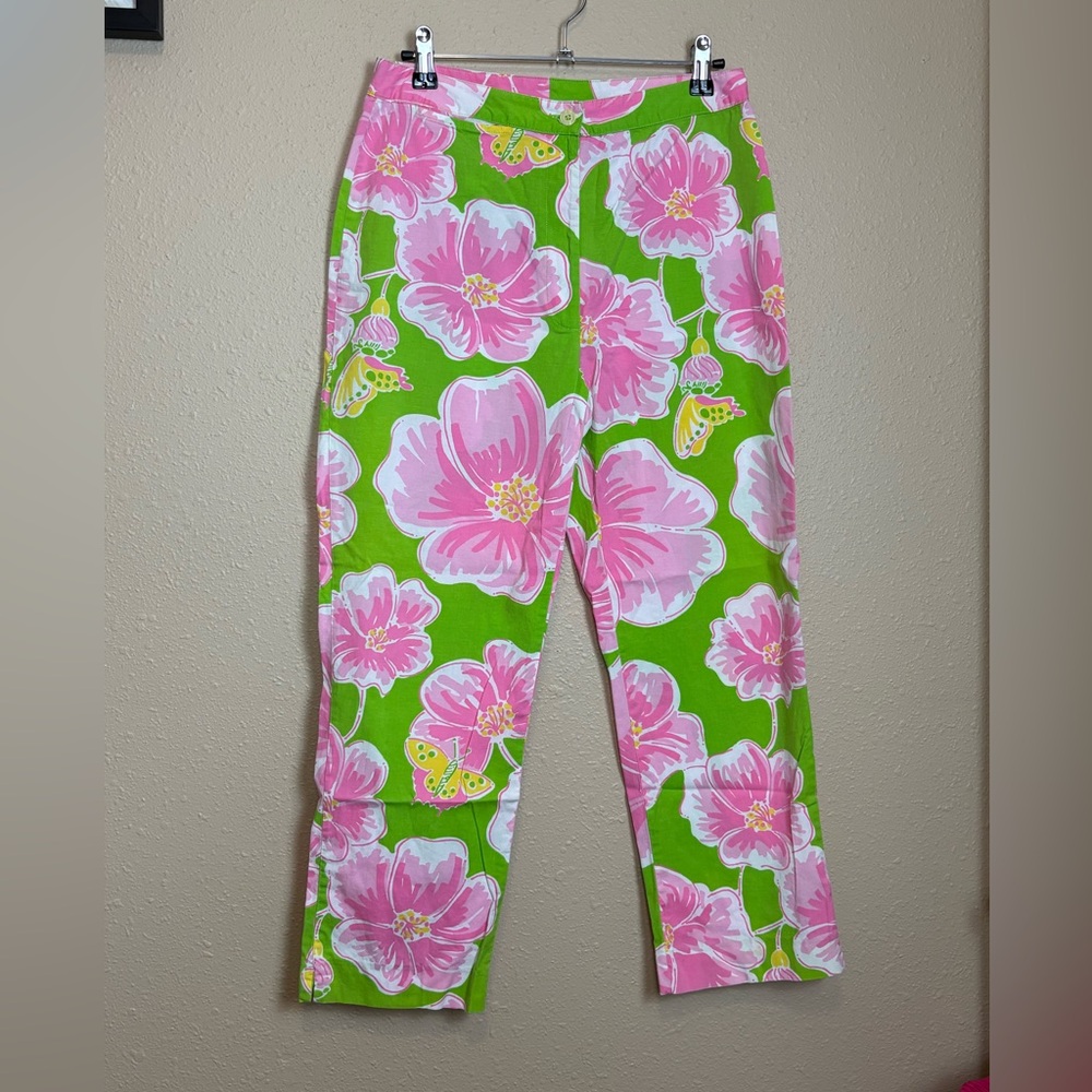 Lilly Pulitzer Capri Pants Size 0 Lime Green Pink Floral Preppy Resort